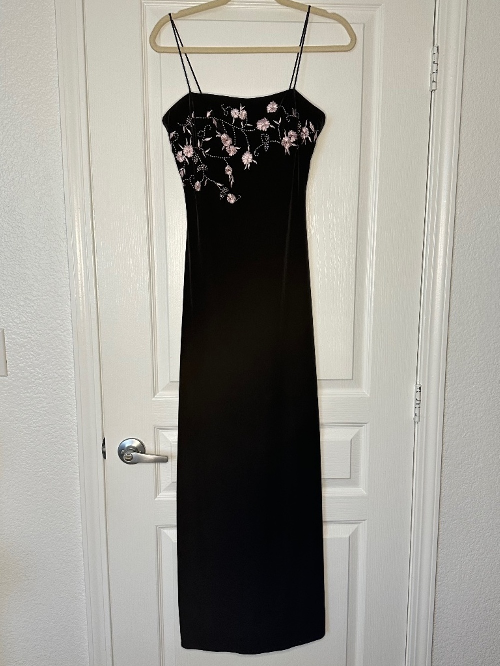 Vintage 90s y2k Betsy & Adam black velvet maxi dress with pink floral beaded